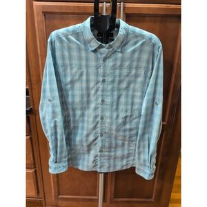 Exofficio Mens Large Blue Plaid Outdoor Camp Button Up Long Sleeve Vented Shirt